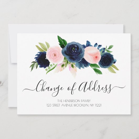ネイビー赤面フローラ新しいホーム移動発表 招待状 (正面)