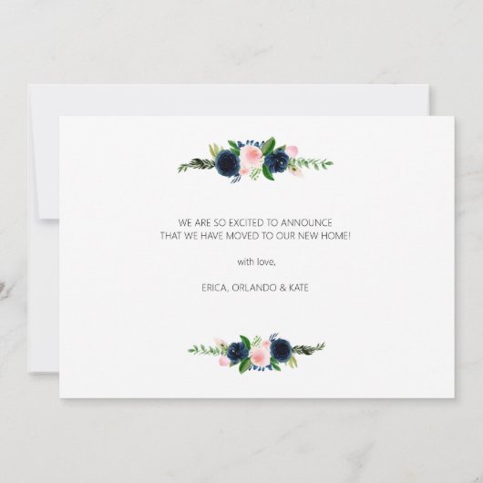 ネイビー赤面フローラ新しいホーム移動発表 招待状 (裏面)