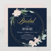 ネイビー赤面フローラ枠水彩ブライダルシャワー 招待状 (正面/裏面)