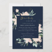 ネイビー赤面フローラ枠水彩ブライダルシャワー 招待状 (正面)