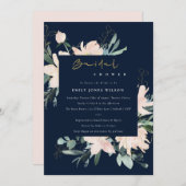 ネイビー赤面フローラ枠水彩ブライダルシャワー 招待状 (正面/裏面)