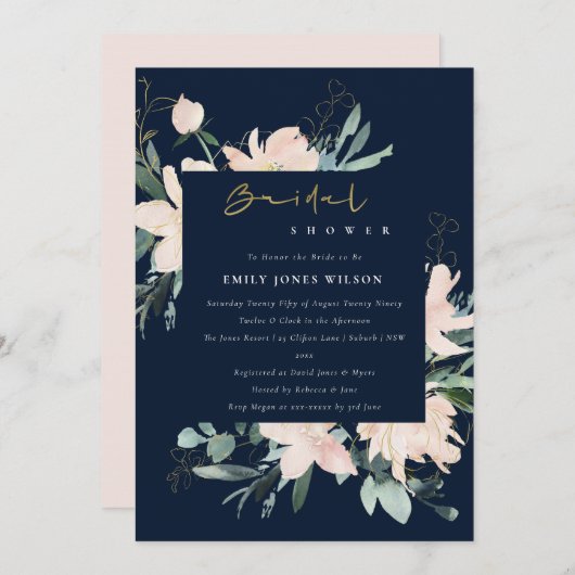 ネイビー赤面フローラ枠水彩ブライダルシャワー 招待状 (正面/裏面)