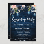 ネイビー赤面フローラ素朴ストリングライト婚約 招待状 (正面/裏面)