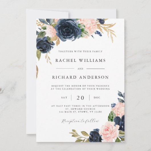 ネイビー赤面フローラ結婚式招待状 招待状 (正面)