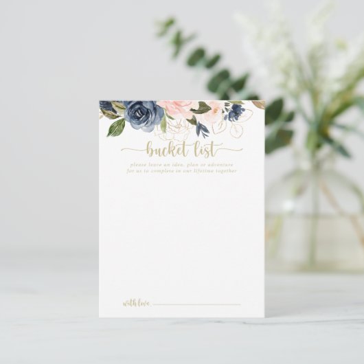 ネイビー赤面フローラ結婚金ゴールドのバケットリストカード ポストカード (スタンド正面)