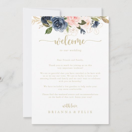 ネイビー赤面フローラ結婚金ゴールドの歓迎レター (正面)