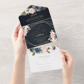 ネイビー赤面フローラ金ゴールドジオメト結婚リ オールインワン招待状 (貼ってはがせる)