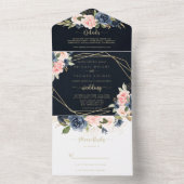 ネイビー赤面フローラ金ゴールドジオメト結婚リ オールインワン招待状 (内側)