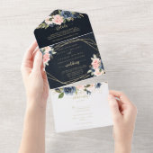 ネイビー赤面フローラ金ゴールドジオメト結婚リ オールインワン招待状 (貼ってはがせる)