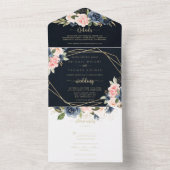 ネイビー赤面フローラ金ゴールドジオメト結婚リ オールインワン招待状 (内側)