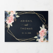 ネイビー赤面フローラ金ゴールドジオメト結婚リ 三つ折り招待状 (カバー)