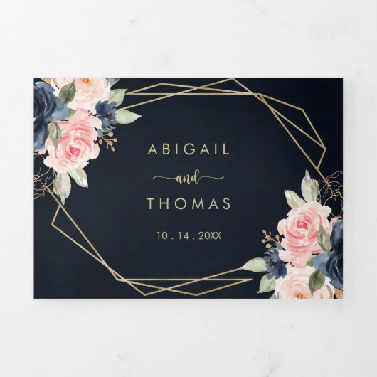 ネイビー赤面フローラ金ゴールドジオメト結婚リ 三つ折り招待状 (カバー)