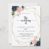 ネイビー赤面フローラ金ゴールドジオメト結婚リ 招待状 (正面)