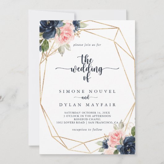 ネイビー赤面フローラ金ゴールドジオメト結婚リ 招待状 (正面)