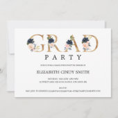 ネイビー赤面フローラ金ゴールドレターグラードパーティー写真 招待状 (正面)