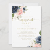 ネイビー赤面フローラ金ゴールド婚約パーティ 招待状 (正面)