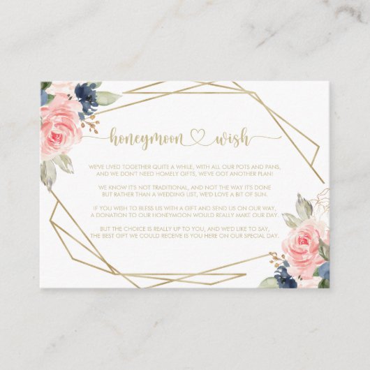 ネイビー赤面フローラ金ゴールド幾何学的ハネムーン願い エンクロージャーカード (正面)