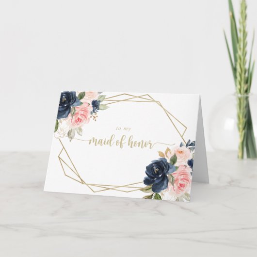 ネイビー赤面フローラ金ゴールド幾何学的ブライダルパーティ サンキューカード (正面)