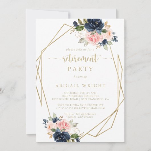 ネイビー赤面フローラ金ゴールド幾何的な退職パーティー 招待状 (正面)