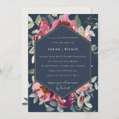 ネイビー赤面ブルゴーニュバラカップルシャワー招待状 サンキューカード (正面/裏面)