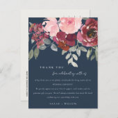 ネイビー赤面ブルゴーニュバラ結婚フローラサンキュー 案内ポストカード (正面/裏面)
