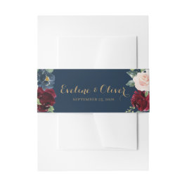 ネイビー赤面ブルゴーニュピンクフローラ金ゴールド結婚金ゴールド 招待状ベリーバンド