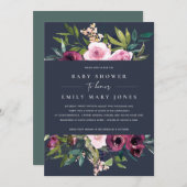 ネイビー赤面ブルゴーニュフローラバンチ赤ちゃんシャワー 招待状 (正面/裏面)