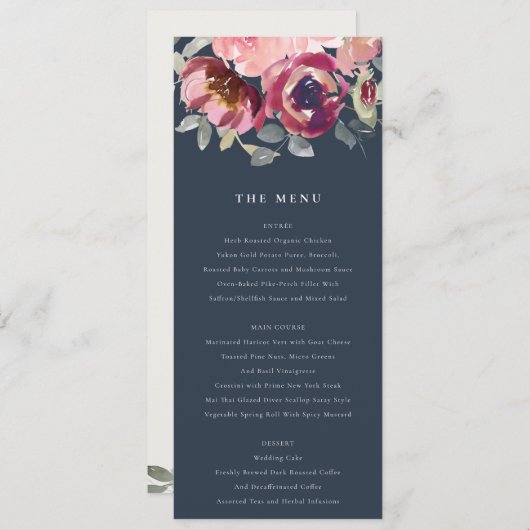 ネイビー赤面ブルゴーニュ水彩フローラ結婚ズ メニュー (正面/裏面)