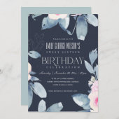 ネイビー赤面ブルーフローラスウィート16任意の年齢誕生日 招待状 (正面/裏面)