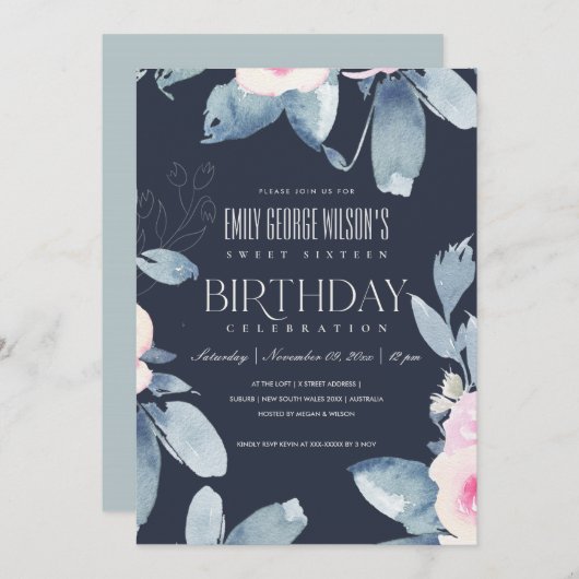 ネイビー赤面ブルーフローラスウィート16任意の年齢誕生日 招待状 (正面/裏面)