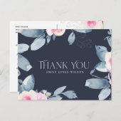 ネイビー赤面ブルーフローラ任意の年齢誕生日ありがとう 案内ポストカード (正面/裏面)