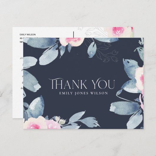 ネイビー赤面ブルーフローラ任意の年齢誕生日ありがとう 案内ポストカード (正面/裏面)