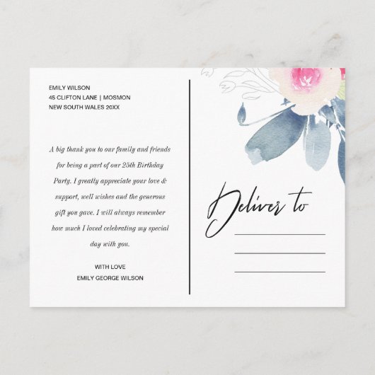 ネイビー赤面ブルーフローラ任意の年齢誕生日ありがとう 案内ポストカード (裏面)