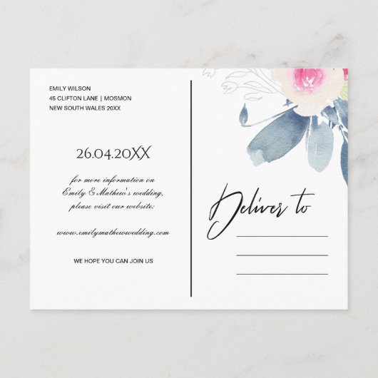 ネイビー赤面ブルーフローラ水の色の保存日付 案内ポストカード (裏面)