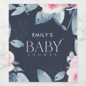 ネイビー赤面ブルーフローラ水彩赤ちゃんシャワー ワインラベル (シングルラベル)