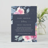 ネイビー赤面ブルーフローラ水彩赤ちゃんシャワー 招待状 (スタンド正面)