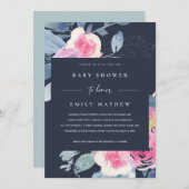 ネイビー赤面ブルーフローラ水彩赤ちゃんシャワー 招待状 (正面/裏面)