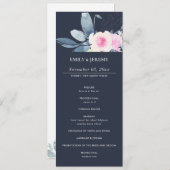 ネイビー赤面ブルーフローラ結婚のセレモニープログラム メニュー (正面/裏面)