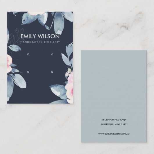 ネイビー赤面ブルーフローラ2イヤリングディスプレイロゴ 名刺 (正面/裏面)