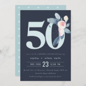 ネイビー赤面ブルーフローラ50周年 招待状 (正面/裏面)