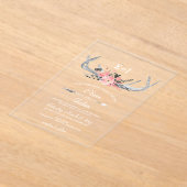 ネイビー赤面ブルーミング〔雄ジカの〕枝角カントリーシック結婚ズ アクリル招待状 (レイダウン)