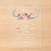 ネイビー赤面ブルーミング〔雄ジカの〕枝角カントリーシック結婚ズ アクリル招待状 (正面)