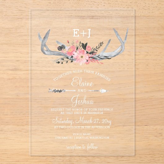 ネイビー赤面ブルーミング〔雄ジカの〕枝角カントリーシック結婚ズ アクリル招待状 (正面)