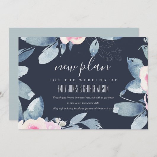 ネイビー赤面ブルー結婚フローラの新しい計画 招待状 (正面/裏面)