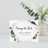 ネイビー赤面ブロッサムフローラ日付の変更 ポストカード (スタンド正面)