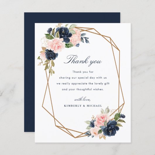 ネイビー赤面幾何結婚フレームサンキューカード (正面/裏面)