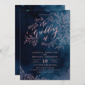 ネイビー赤面書道の素朴な結婚フローラ 招待状 (正面/裏面)