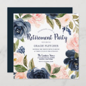 ネイビー赤面水彩フラワーズリタイアメントパーティー 招待状 (正面/裏面)