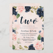 ネイビー赤面水彩花2nd誕生日パーティー 招待状 (正面/裏面)