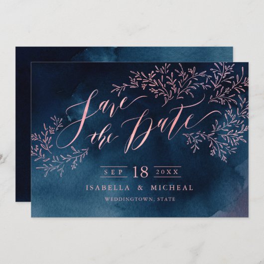 ネイビー赤面素朴なフローラ書の日付を保存 セーブザデート (正面/裏面)